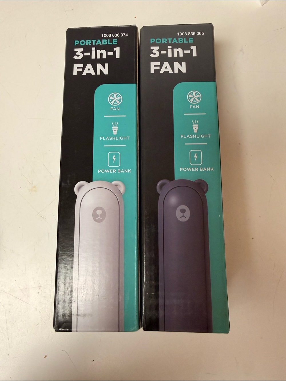 2 Portable 3-in-1 Fan Power Bank with Flashlight - Gray and Dark Purple